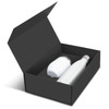 A white drink bottle and a white insulated cup displayed in a black gift box. The box has a sleek, minimalist design.