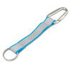 A reflector key ring featuring a silver carabiner, a grey strap, and blue trimming.