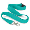 A turquoise RPET lanyard with a metal clasp and a buckle for easy attachment. Features a smooth, flat design.