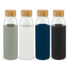 A drink bottle collection featuring four glass bottles with bamboo lids and silicone sleeves in green, white, navy, and black.
