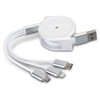 A retractable white charging cable with USB, Lightning, and USB-C connectors, featuring a silver accent.