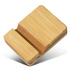 A bamboo phone stand in a natural finish with a sleek design and a slotted section for device placement.