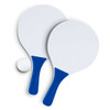 Two blue and white paddle balls and a small white ball. The paddles have blue handles and a flat surface.