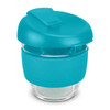 A drink bottle in turquoise with a borosilicate glass body and a matching screw lid, featuring a silicone grip.