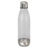 A drink bottle featuring a clear body with a stainless steel base and a silver top, showcasing a sleek design.