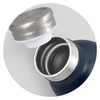 A drink bottle in navy blue with a stainless steel lid, showing the interior and opening of the bottle.
