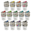 A drink bottle featuring a clear body with a grey lid and various coloured silicone grips. It has multiple logo designs.