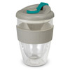 A drink bottle featuring a clear glass body, grey silicone sleeve, and a teal lid. It includes a built-in strainer.