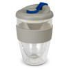 A drink bottle featuring a clear body, grey silicone band, and a blue lid with a handle. It includes a strainer.