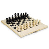 A travel chess set featuring a black and white checkered board with wooden pieces in black and cream. Folding design with a clasp.
