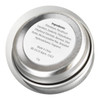 A silver lip balm tin with a circular lid, featuring a textured edge and ingredient label on top.