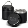 A drink bottle in matte black with a stainless steel interior, featuring a handle and a branding logo.