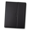 A black portfolio with a smooth finish, featuring a flap closure and a side pocket. It has a logo on the front.