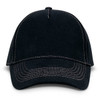 A black cap with contrasting stitching and a curved brim, featuring a logo on the front.