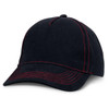 A black cap with red stitching and a curved brim. It features a logo on the front.