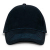 A black cap featuring contrasting blue stitching and a solid, structured design. It has a logo on the front.