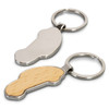 A car-shaped key ring with a shiny silver metal and wooden finish. It includes a keychain loop.