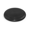 A black flying disc with a smooth surface and ridged edges.