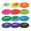 A set of colourful flying discs featuring various logos and designs in white, blue, green, yellow, pink, and black.