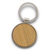 A round key ring with a silver metal frame and a natural wood centre, featuring a keychain loop.