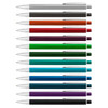 A collection of metal pens in various colours, including silver, orange, green, purple, and black, with silver accents.