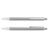 A metal pen with a sleek silver design featuring a ribbed grip and a clip. It has a branding logo.