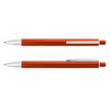 An orange metal pen with a silver clip and accents, featuring a sleek design.
