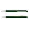 A metal pen in dark green with silver accents and a textured grip. Features branding on the barrel.