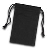 A small black cotton gift bag with drawstring closure. It features a simple design and has a logo.