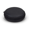 A rounded black zippered case, featuring a sleek, smooth exterior, ideal for storing earbuds.