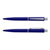 A blue plastic pen with a silver clip and accents, displayed in a top-down view and side view.