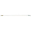 A HB pencil with a white body and sharpened grey lead.