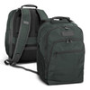 A green backpack with multiple compartments, featuring padded straps and a logo.