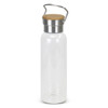 A drink bottle made of clear glass with a metal cap and a light wooden lid. It features a handle.