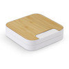 A wireless fast charging stand featuring a sleek white base and a bamboo top, with a logo on the surface.