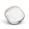 A pair of white Bluetooth earbuds in a translucent charging case with a USB-C port.