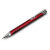 A metal pen in a sleek red design with a chrome clip and grip detailing. Features a logo on the pen body.