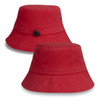 A red Explore Bucket Hat displayed from two angles, featuring a logo and a wide brim.