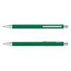 A green metal pen with a sleek silver clip and tip, featuring a simple design and a branded logo.