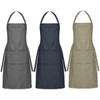 Three Santini aprons are displayed in grey, navy, and khaki, each featuring a simple design with a logo.