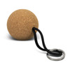 A round cork key ring with a black attachment loop and a metal keyring.