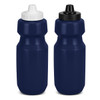 A drink bottle in navy blue featuring two different cap colours, one white and one black, with a sleek design.