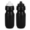 A drink bottle set in black with contrasting black and white caps, featuring a logo on each bottle.