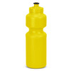 A drink bottle in bright yellow with a screw top lid and a rounded body. It features a logo.