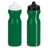 A drink bottle, green in colour, with one sporting a white cap and the other a black cap. Both feature a logo.