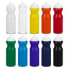 A drink bottle in various colours including white, yellow, orange, red, green, blue, purple, and black, featuring a white cap and logo.