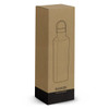 A drink bottle in a minimalist design, packaged in a tall, brown box with a handle and logo.