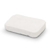 A small, rectangular, compressed white towel product with a smooth texture. It features a logo on one side.