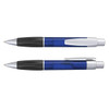 A blue plastic pen with a silver clip and grip. It features a sleek design and has a branding logo.