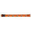 An orange luggage strap featuring a repeated design and a buckle closure. There is branding on the strap.